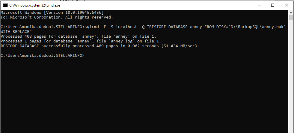 Running CMD command to restore SQL Server database